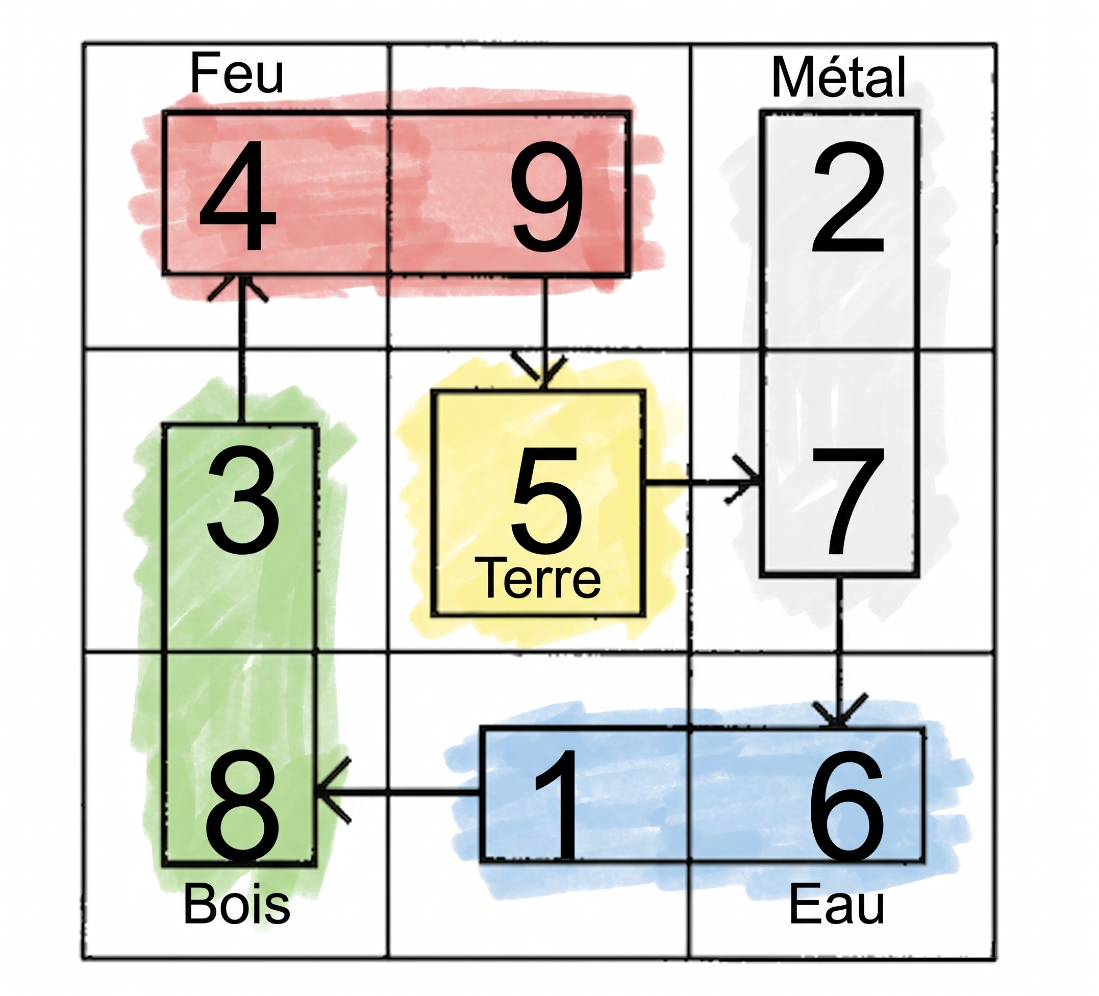 Carré magique et cinq éléments dans la paume
